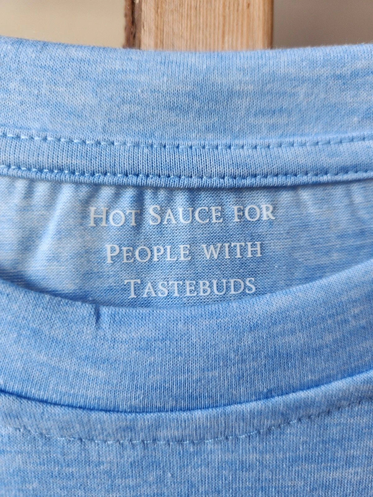 Boerne Texas Style Hot Sauce Shirt (Sky Blue) Neck Tag