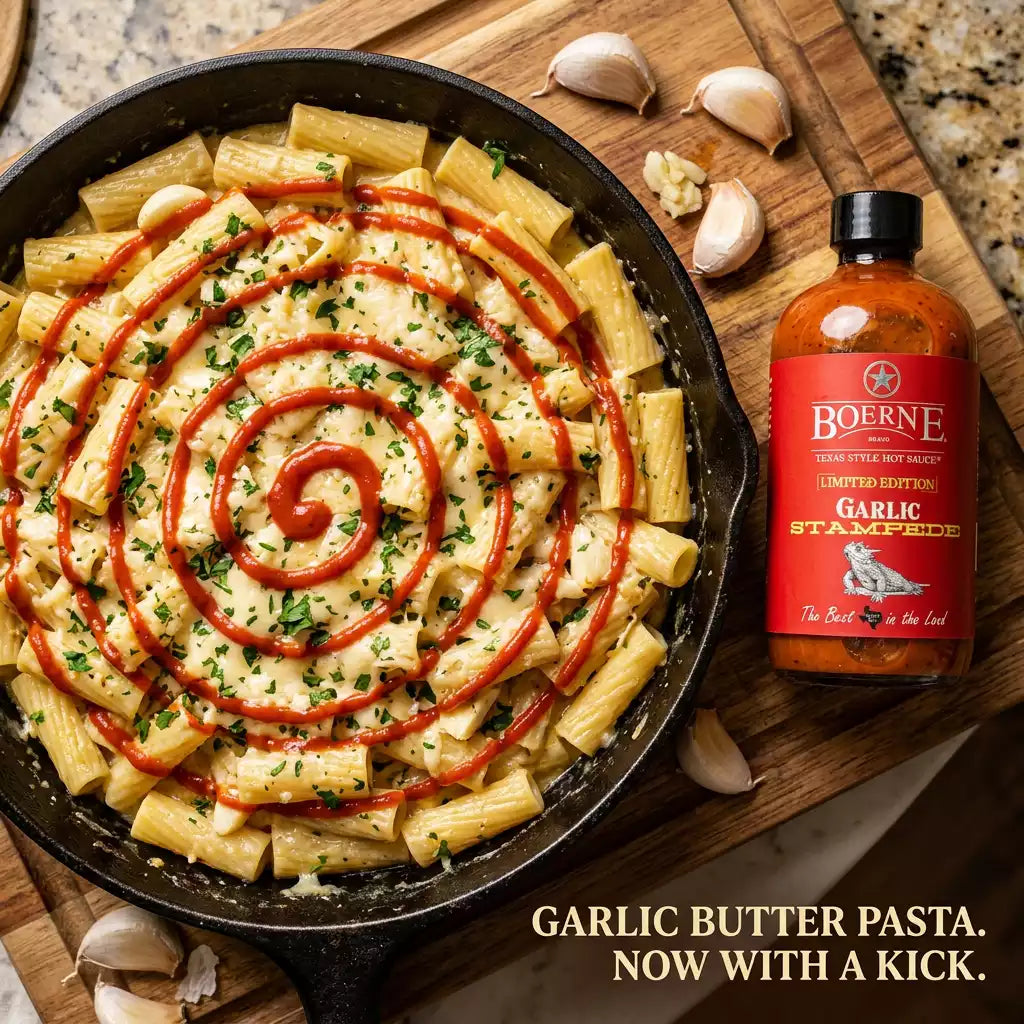 Garlic Stampede on cast-iron garlic butter rigatoni pasta