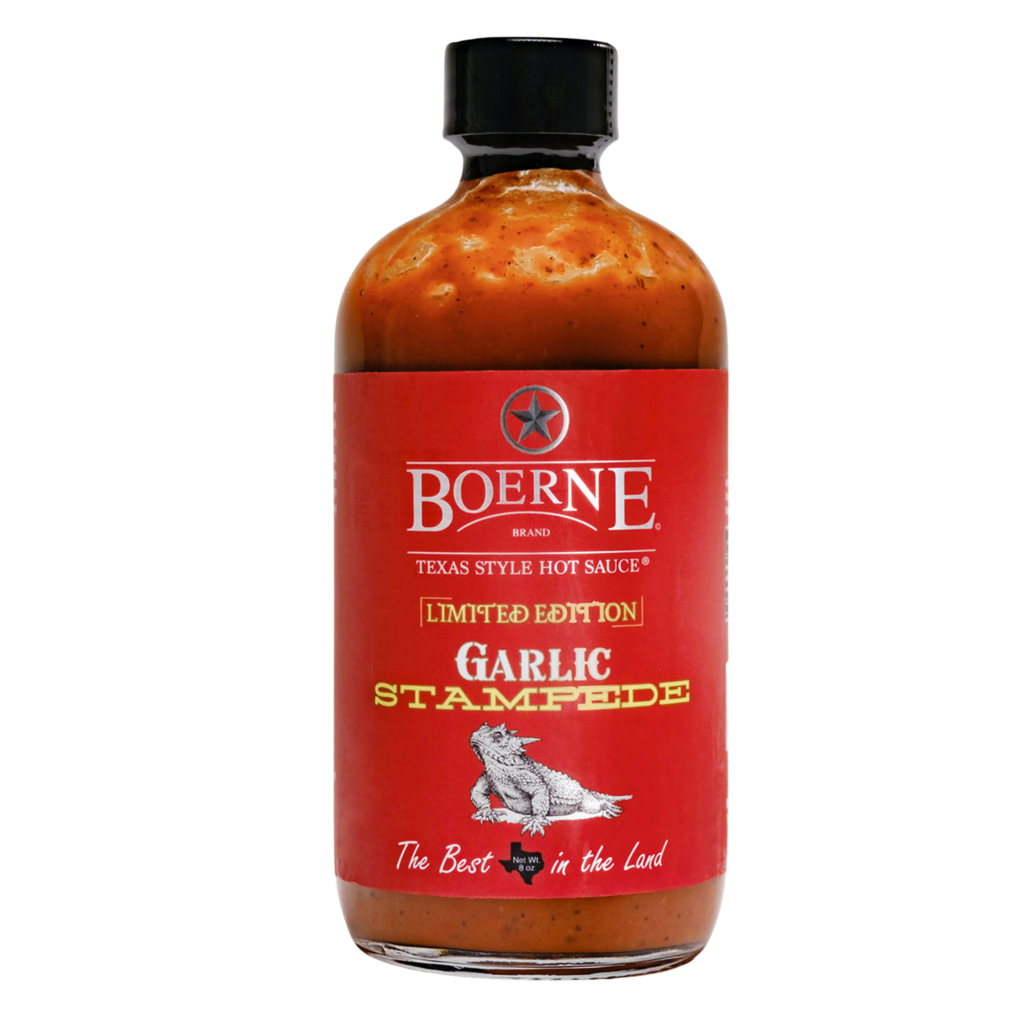 Boerne Brand Garlic Stampede Texas-style hot sauce bottle