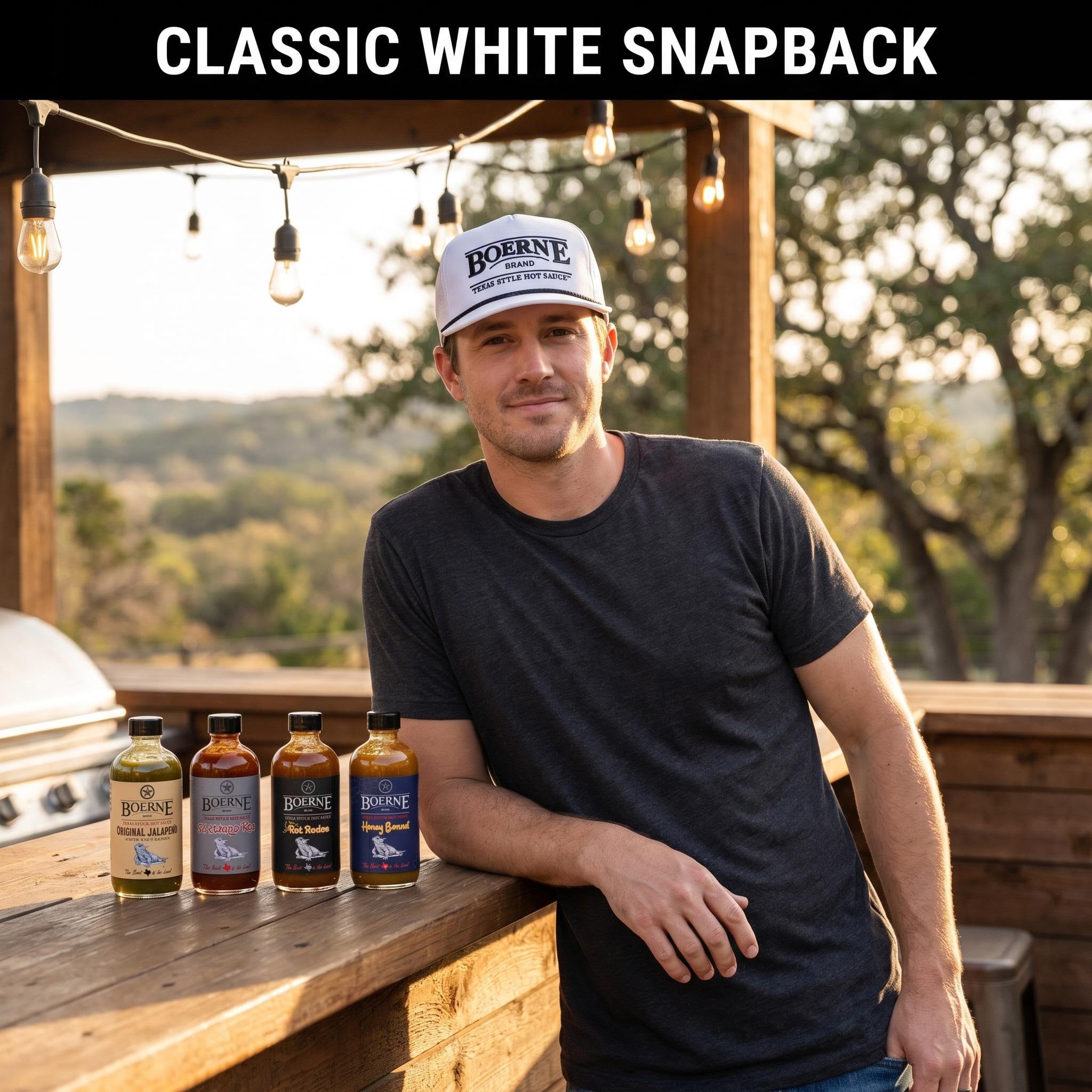 Texas Gift Box - CLASSIC WHITE SNAPBACK variant with four Boerne Brand hot sauce bottles on a Texas patio
