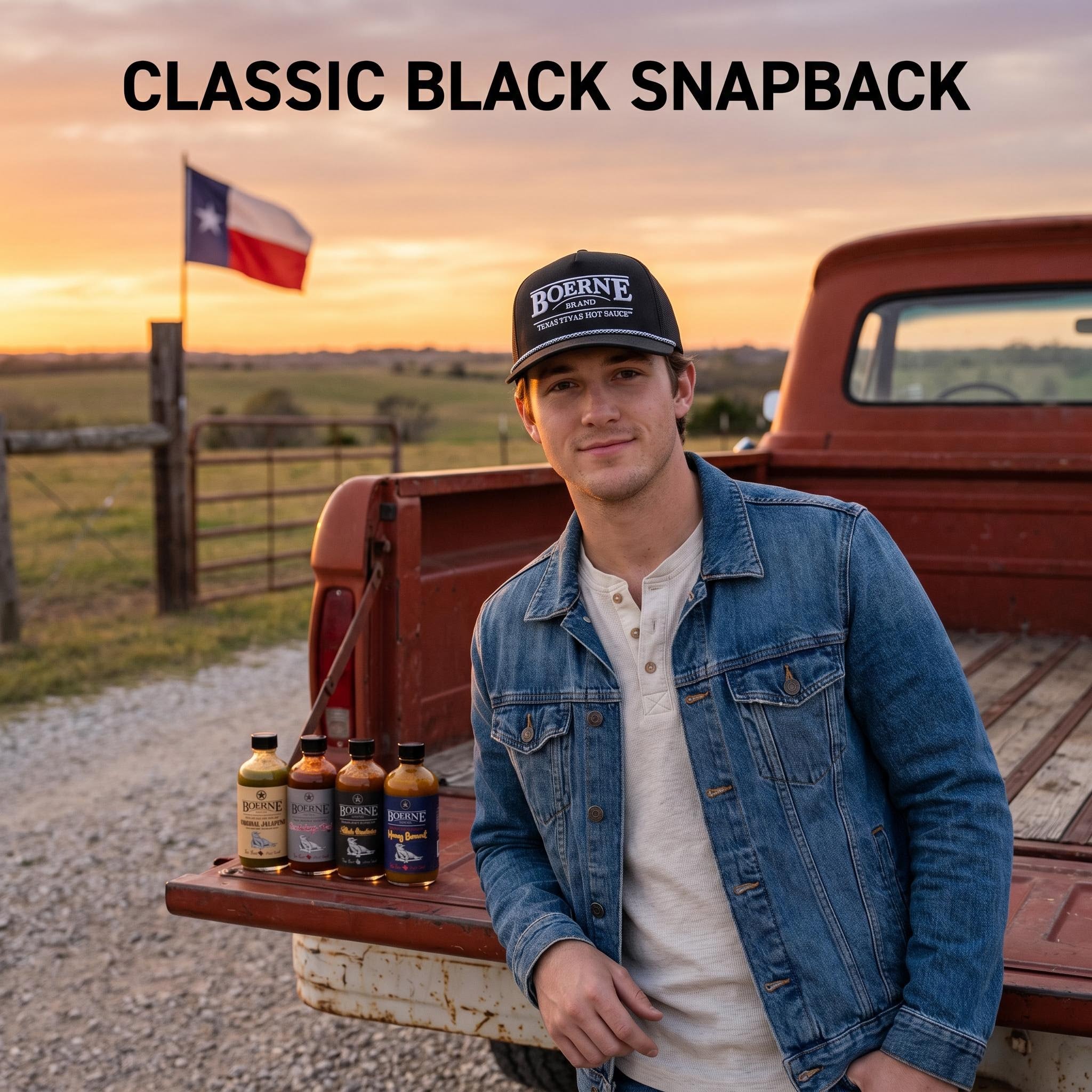 Classic Black Snapback — Boerne Brand Texas Gift Box lifestyle, four 8oz bottles on pickup tailgate
