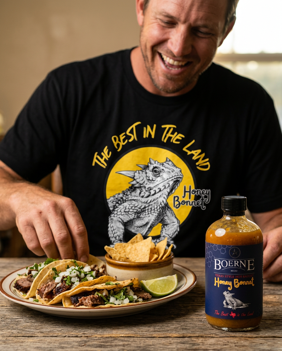 Man laughing at a table with brisket tacos and a bottle of Honey Bonnet hot sauce, wearing the Best In The Land tee