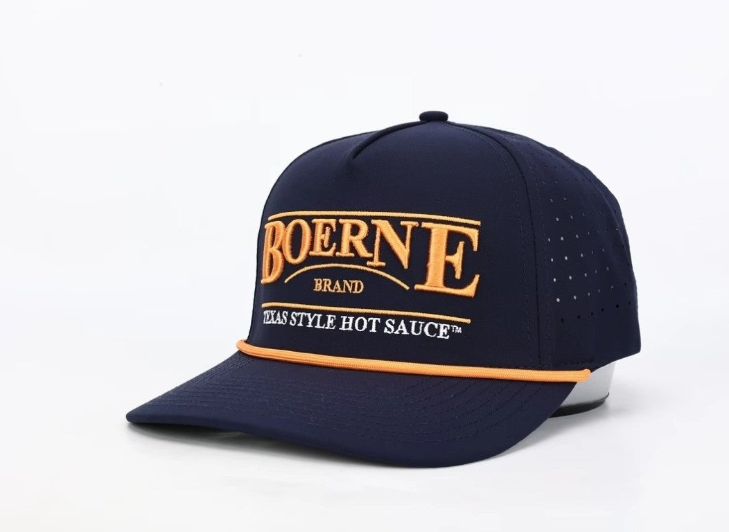 Boerne Brand Texas Style Hot Sauce navy snapback hat with embroidered logo
