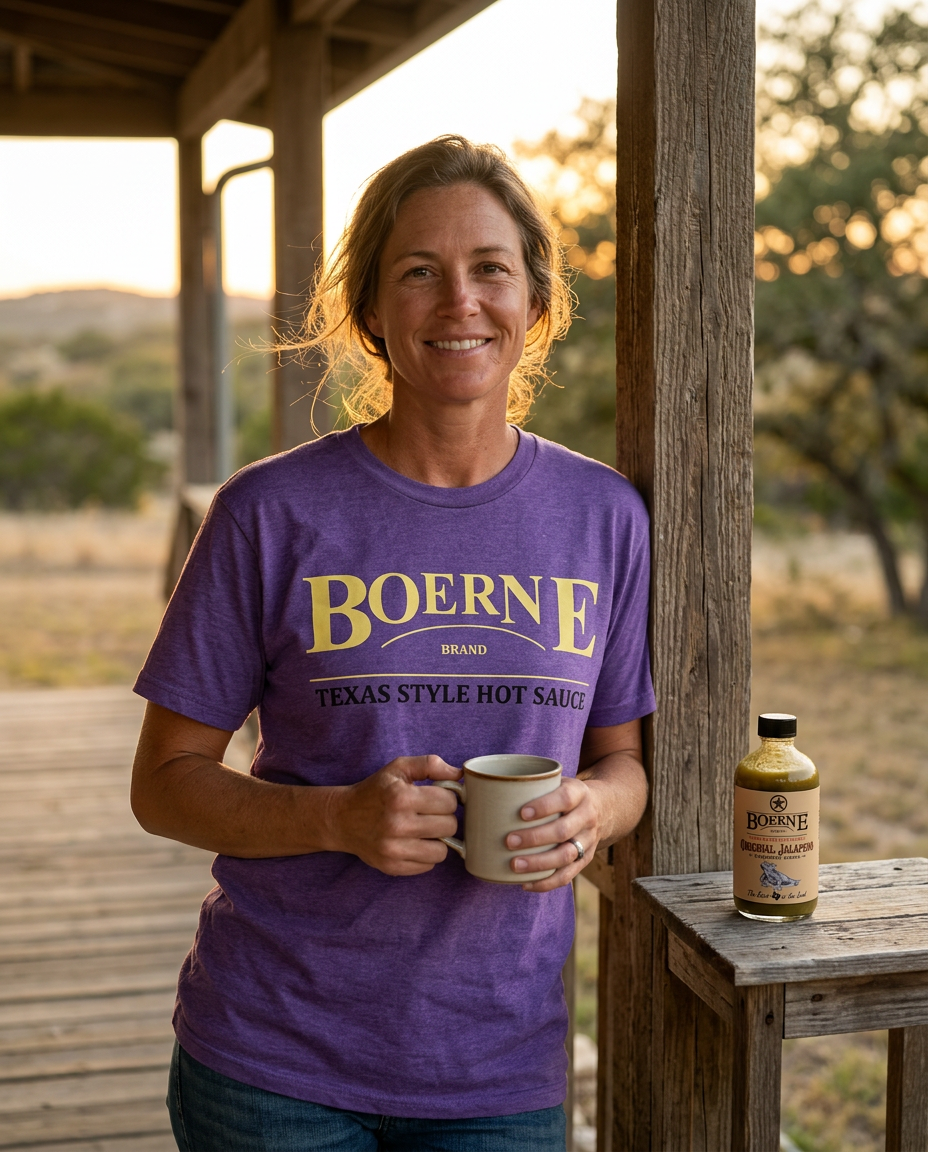 Boerne Brand Tee (Purple Heather) — Limited Edition - model shot with real product bottle