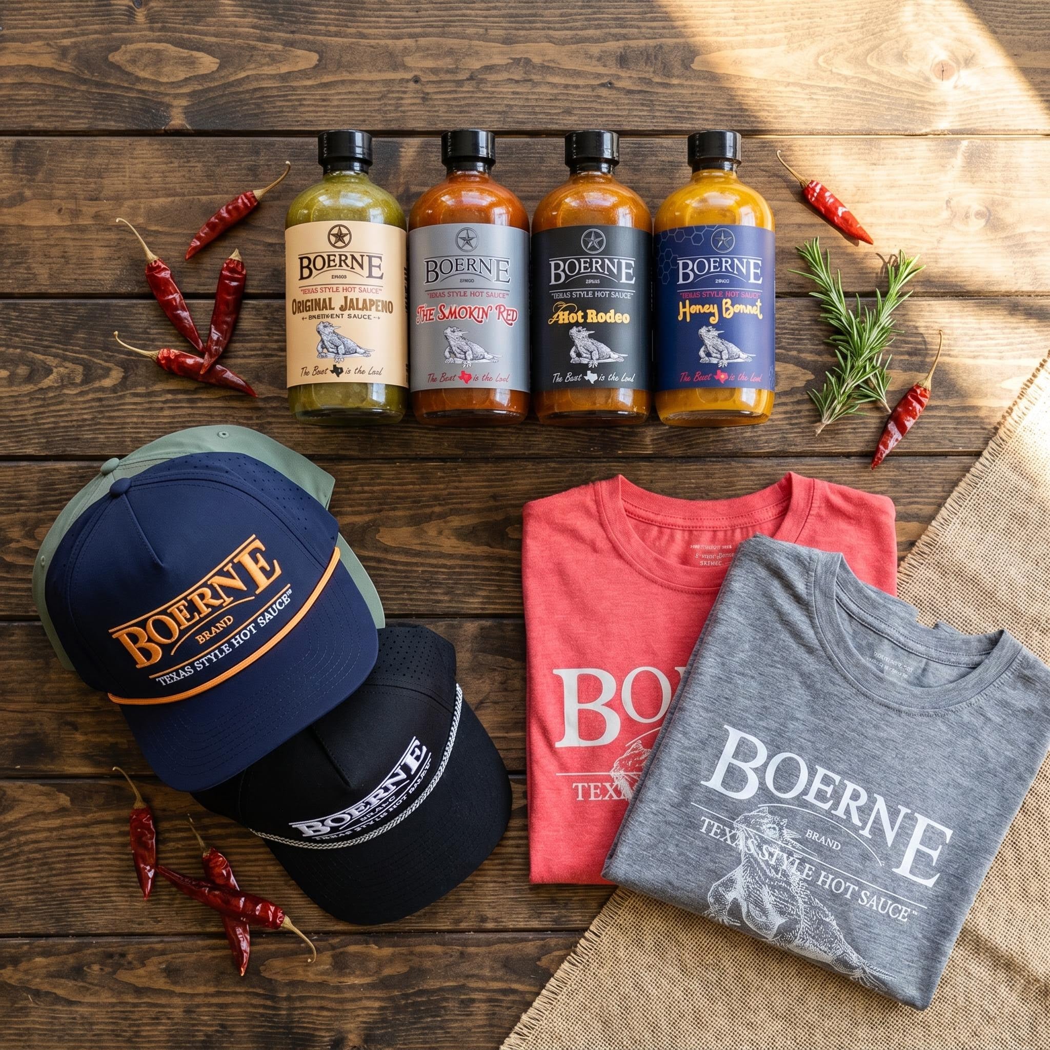 Texas Collector - flat-lay of 4 Boerne Brand hot sauce bottles, hats, and Hot Sauce Agent tees