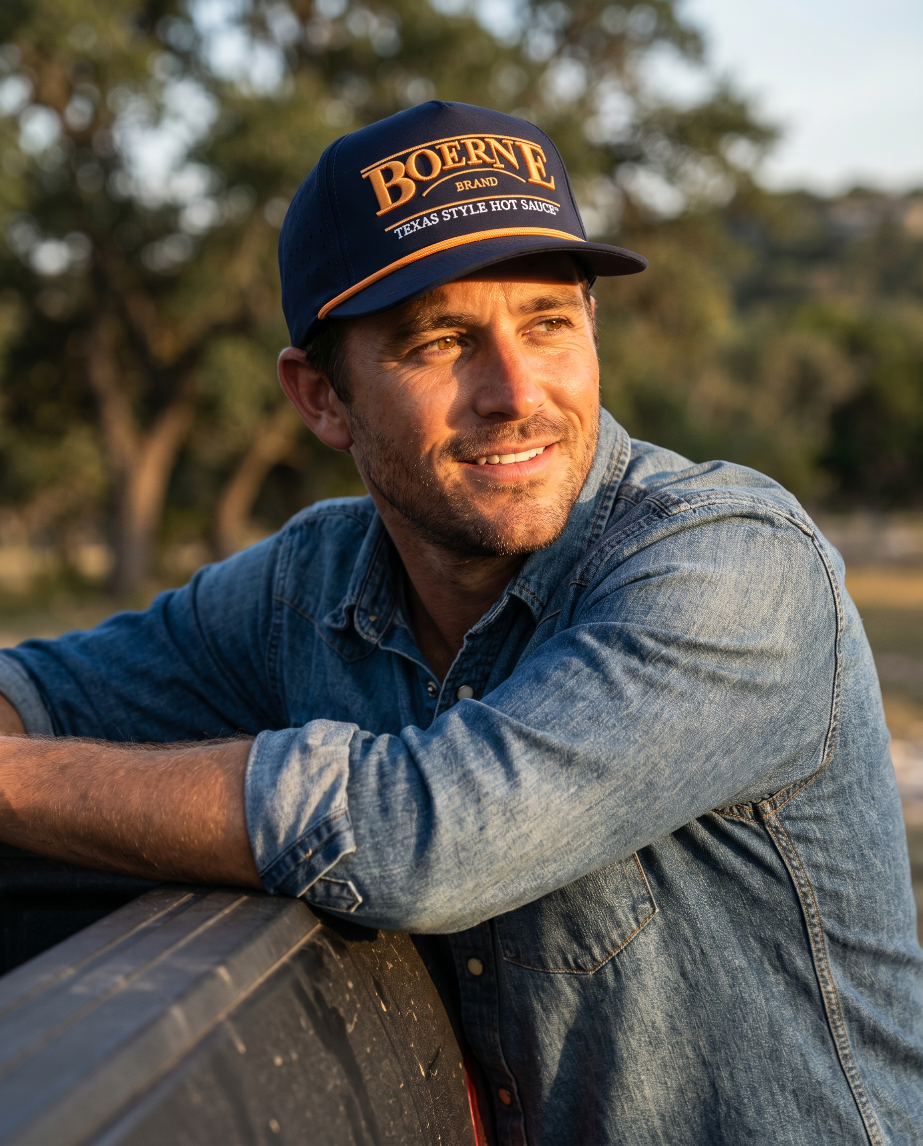 Man wearing Boerne Brand Navy Rope Performance Hat, denim shirt, leaning on pickup tailgate at golden hour in Texas Hill Country