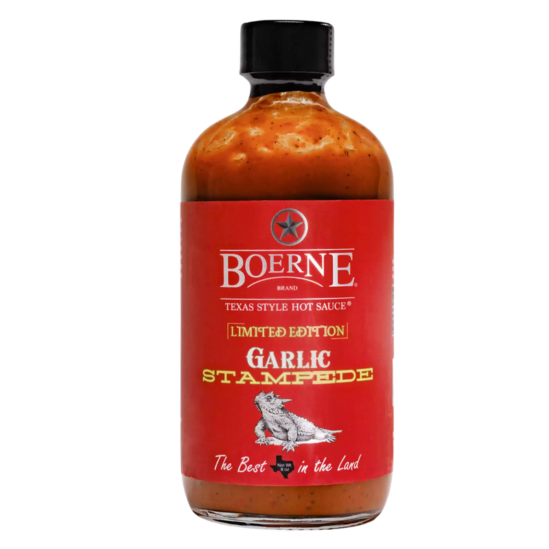 Boerne Brand Garlic Stampede Texas-style hot sauce bottle