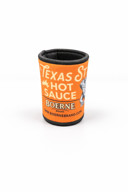 Orange Boerne Brand Texas Style Hot Sauce branded drink koozie