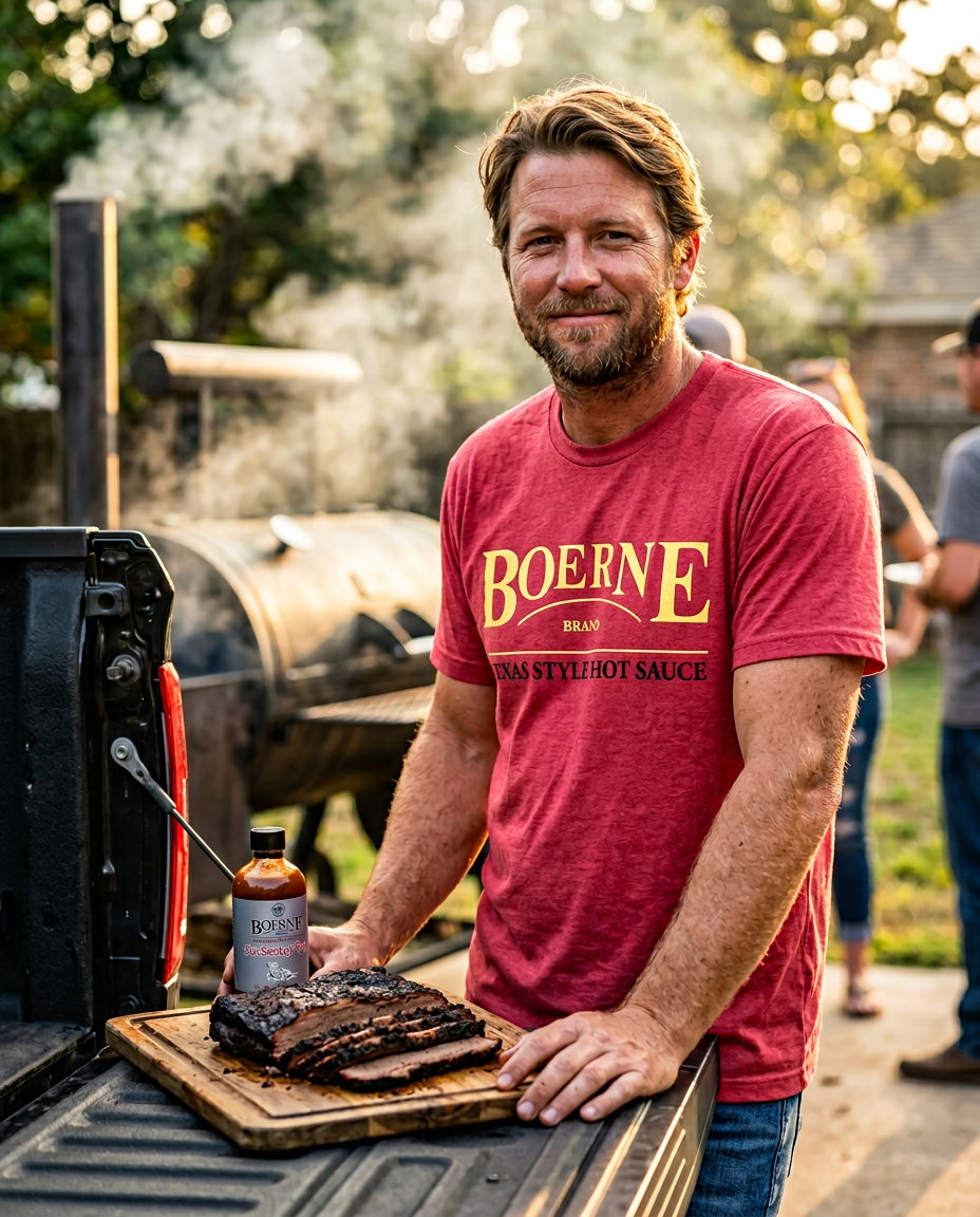 Boerne Brand Tee (Red Heather) — Limited Edition - model shot with real product bottle