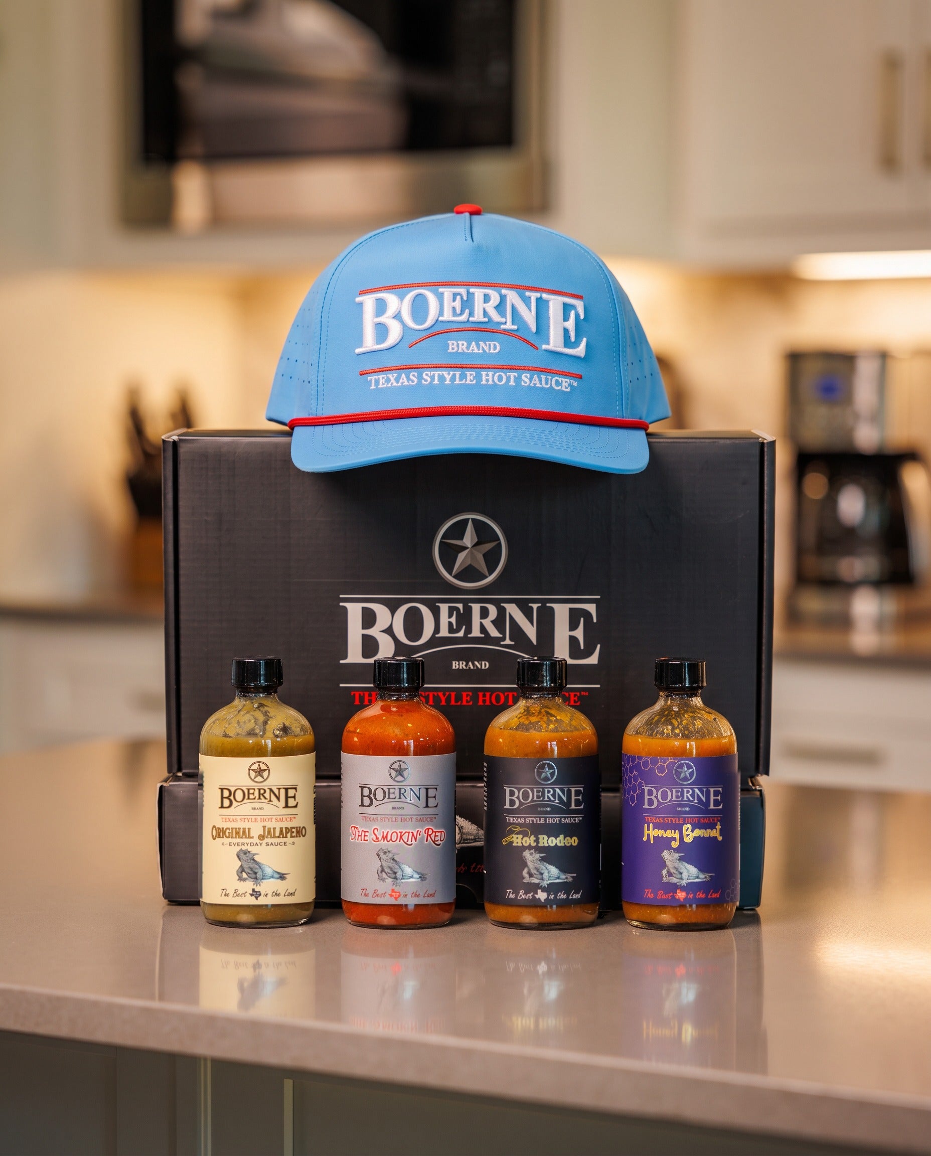 Sky Blue Texas Gift Box — hat and all four Boerne sauces